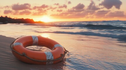 Obraz premium A photorealistic image of an orange lifebuoy washed ashore, with the sun setting over the horizon.