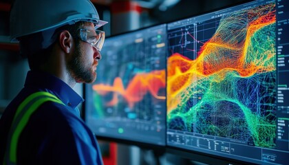 Engineer analyzes data trends on digital screens using advanced technology for insights and decision-making.