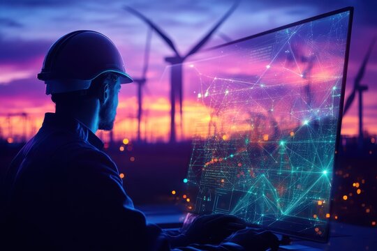 Engineer working with futuristic technology, analyzing data over a digital interface at sunset by wind turbines. - Powered by Adobe
