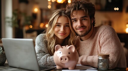 A young couple in their 20s, standing beside a laptop and documents, confidently holding a piggy bank, symbolizing a well-planned financial future.