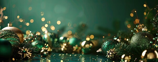 New Year or Christmas background with green and red Christmas tree decorations and silver beads. flat lay, top view,