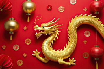 Obraz premium Golden Chinese Dragon Red Background Traditional Festival Artwork