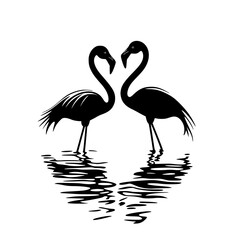 Fototapeta premium Silhouette of two flamingos facing each other, Black and white silhouette of two flamingos standing in water, facing each other, with their necks forming a heart shape. 