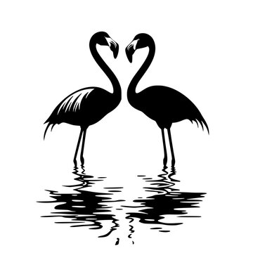 recommend clip art: Silhouette of two flamingos facing each other, Black and white silhouette of two flamingos standing in water, facing each other, with their necks forming a heart shape.
                    
