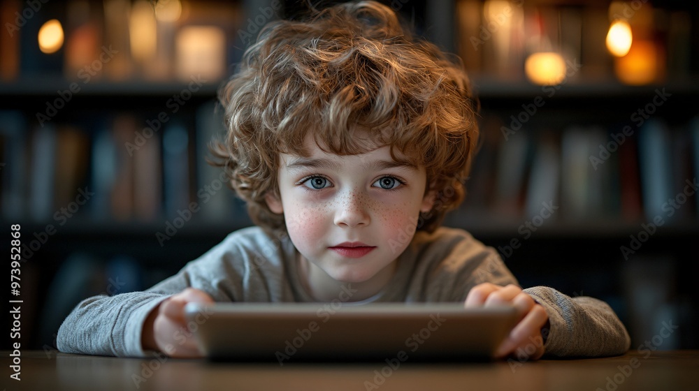 Poster Young student sitting at a desk using a tablet for an online lesson Bright lighting highlights a comfortable learning environment with the student actively engaging with the virtual class interface