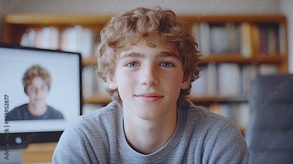 Poster teenager in a modern home office setup attending a virtual classroom on a desktop computer the focus