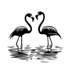 Obraz premium Silhouette of two flamingos facing each other, Black and white silhouette of two flamingos standing in water, facing each other, with their necks forming a heart shape. 