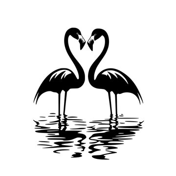recommend clip art: Silhouette of two flamingos facing each other, Black and white silhouette of two flamingos standing in water, facing each other, with their necks forming a heart shape.
                    