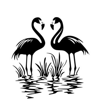 recommend clip art: Silhouette of two flamingos facing each other, Black and white silhouette of two flamingos standing in water, facing each other, with their necks forming a heart shape.
                    