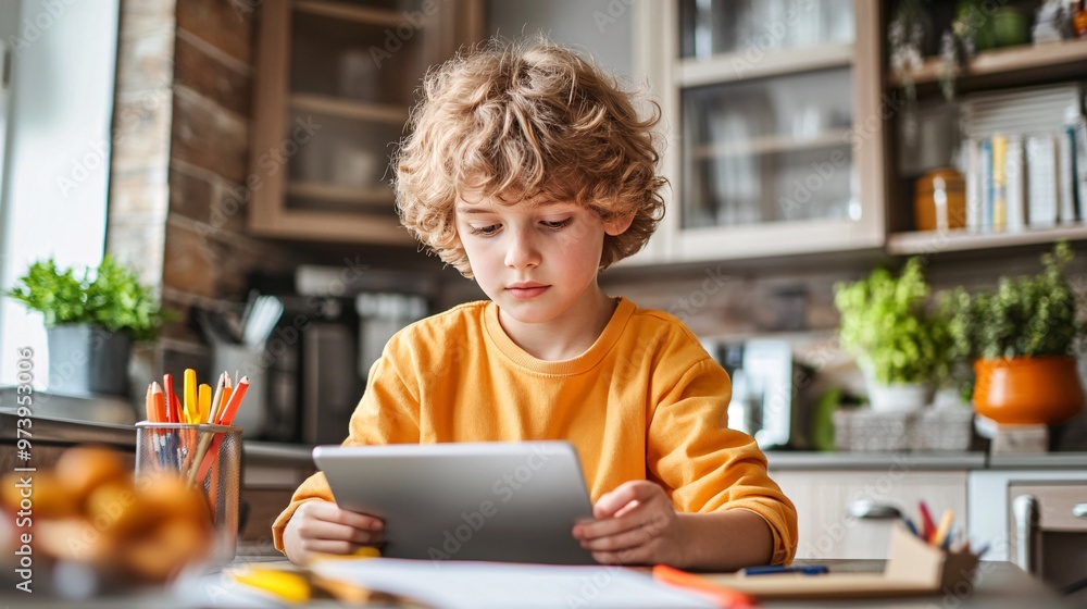 Aufkleber Middle school student focused on an online science lesson with a tablet on the kitchen counter The virtual learning platform is visible and the student is engaged in note-taking while surrounded by