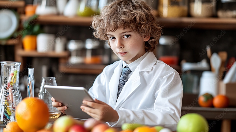 Fototapete Middle school student focused on an online science lesson with a tablet on the kitchen counter The virtual learning platform is visible and the student is engaged in note-taking while surrounded by