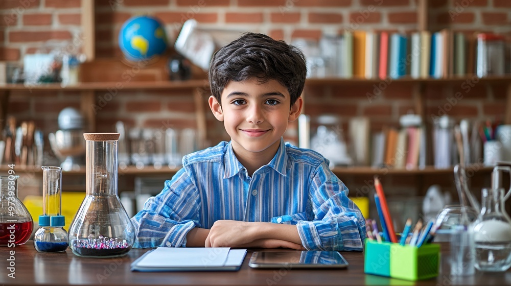 Poster Middle school student focused on an online science lesson with a tablet on the kitchen counter The virtual learning platform is visible and the student is engaged in note-taking while surrounded by