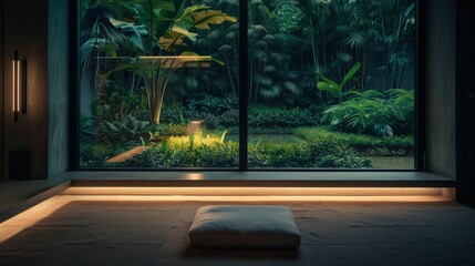 Zen Haven: Tranquil meditation corner bathed in warm light, overlooking a lush tropical garden. 