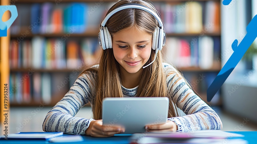 Poster young girl using headphones during a virtual classroom session on a tablet the image focuses on the 
