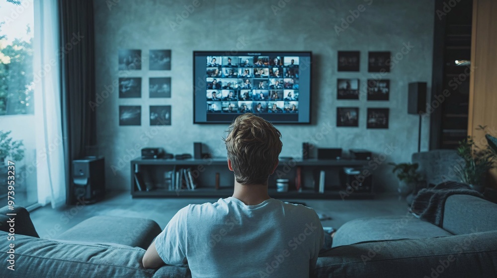 Poster High school student sitting on a couch with a laptop attending an online lecture The screen shows a virtual classroom with multiple students participating The home environment is well-lit and