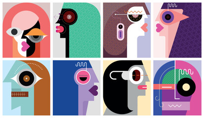 Vector graphic of eight modern art portraits of different people. Each one of the portraits created on a separate layer and can be used as a standalone image.