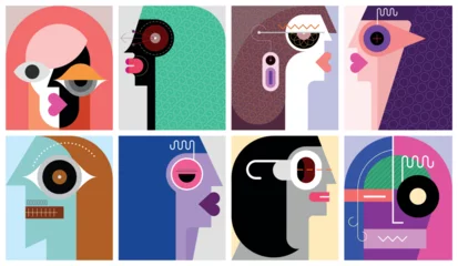 Selbstklebende Fototapeten Abstraktion Kunst Vector graphic of eight modern art portraits of different people. Each one of the portraits created on a separate layer and can be used as a standalone image.  ©  danjazzia