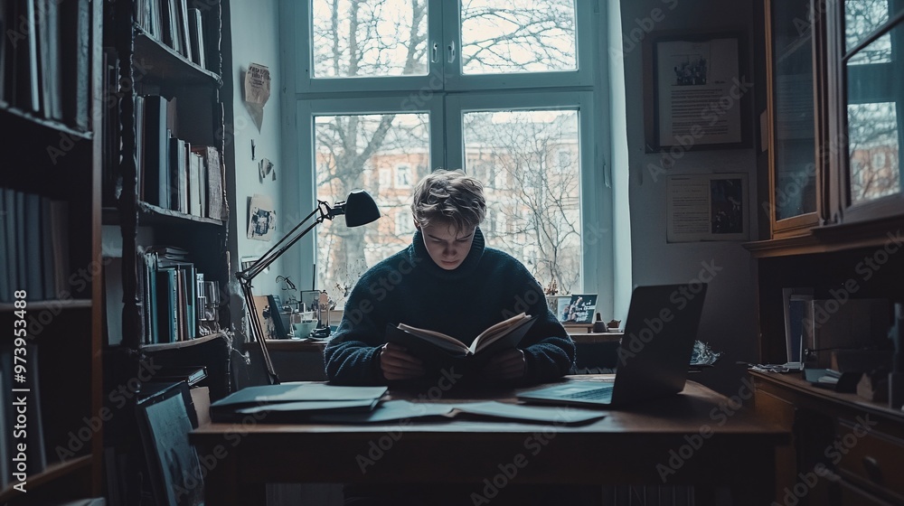 Poster young adult student sitting at a desk reading a textbook with a laptop open beside them the room is 