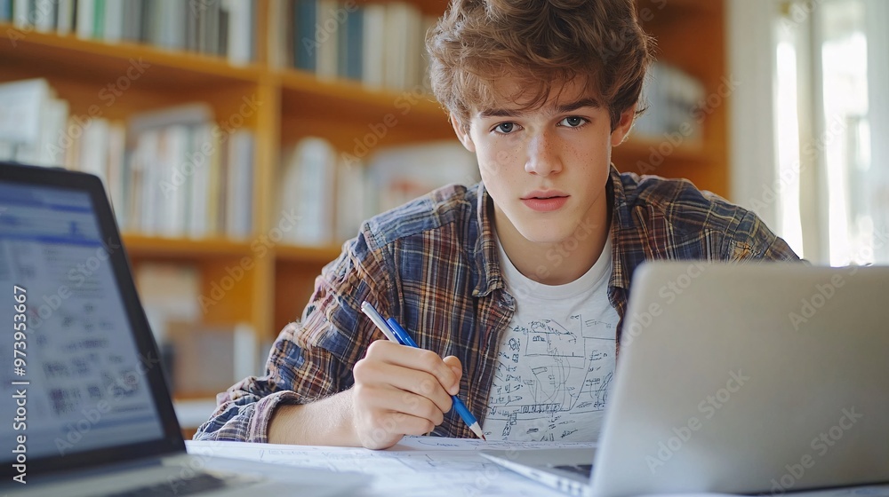 Poster Young boy working on a science project in a quiet study room with a laptop open next to him He is drawing diagrams on paper while referencing online materials Large space for text in center Stock