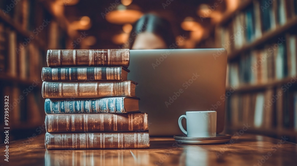 Poster adult learner sitting at a dining table working on an online class with a laptop surrounded by books