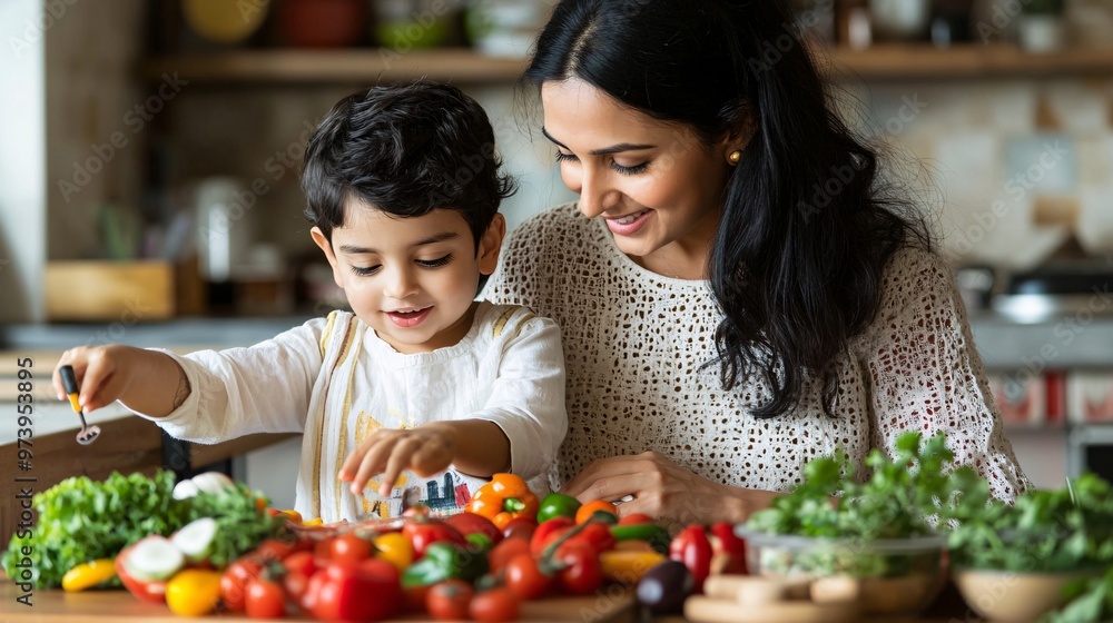 Poster mother sitting with her young child at the dining table helping with an online math lesson on a lapt