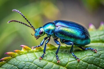 Naklejka premium A small, shiny, metallic-blue beetle with intricately patterned elytra and delicate legs perched on a leaf, its