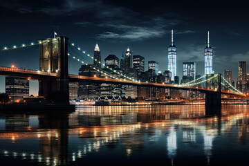 Fototapeta premium Night view of a city bridge reflecting in the river with a skyline of New York City and lights illuminating the scene