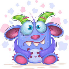 Cute cartoon monster. Illustration of a cute horned monster. Positive and unique design. Children's bright illustration.