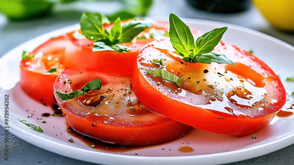 Wall mural fresh tomato salad with basil leaves on plate healthy mediterranean food concept