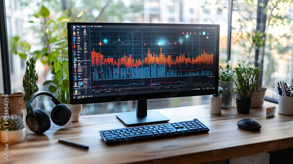 Poster a well-organized home study area with a large monitor connected to a laptop showing an interactive o