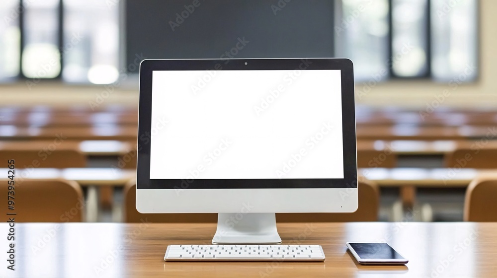 Aufkleber A sleek desk setup featuring a desktop computer with an educational game on the screen Smartboard in the background and a tablet on the side of the desk reinforce the modern classroom experience