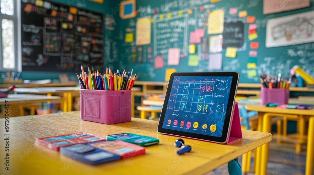 Aufkleber A bright study area with a tablet on a stand showing a live virtual lesson Wireless earphones and a stylus are visible on the desk highlighting seamless tech integration in the virtual learning