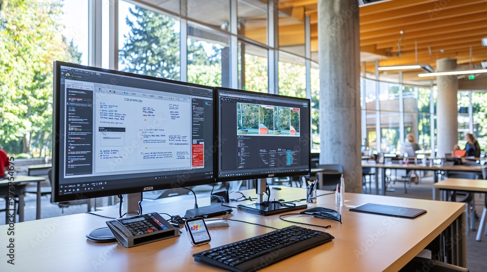 Poster A dual monitor setup with one screen showing a virtual classroom and the other an online textbook A digital whiteboard and smart pen are in use emphasizing a high-tech modern learning environment