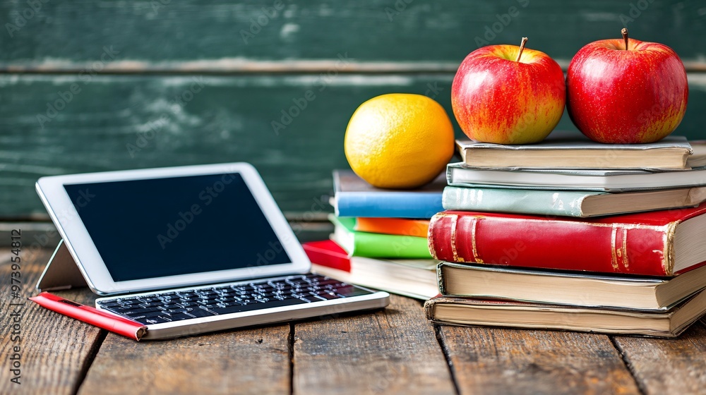 Poster A tidy home office converted into a study space with a tablet showing an online lesson A keyboard smart speakers and educational apps are present creating a well-equipped virtual learning space Large