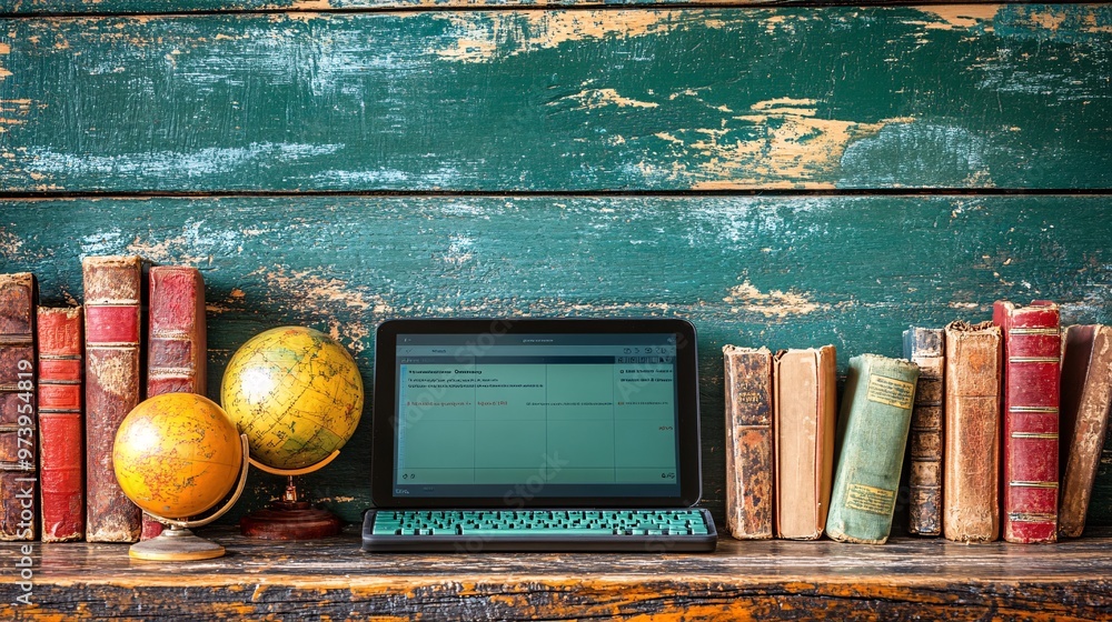 Aufkleber A tidy home office converted into a study space with a tablet showing an online lesson A keyboard smart speakers and educational apps are present creating a well-equipped virtual learning space Large