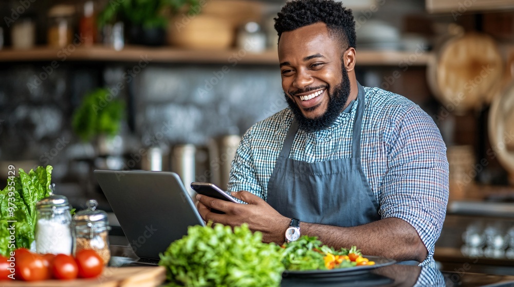 Poster A student standing at a kitchen counter using a smartphone to join a virtual class while following a recipe on a laptop blending education with daily household tasks Large space for text in center