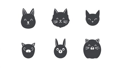 Six Black and White Cartoon Animal Faces