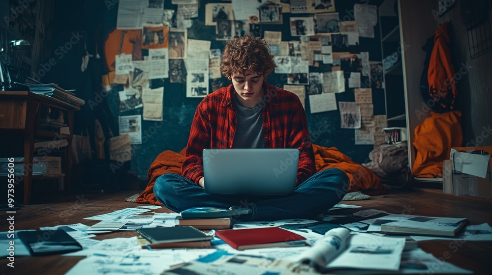 Poster A student working on a laptop while sitting on the floor of their bedroom with books and study materials spread out showing the casual and adaptable nature of learning from home Large space for text