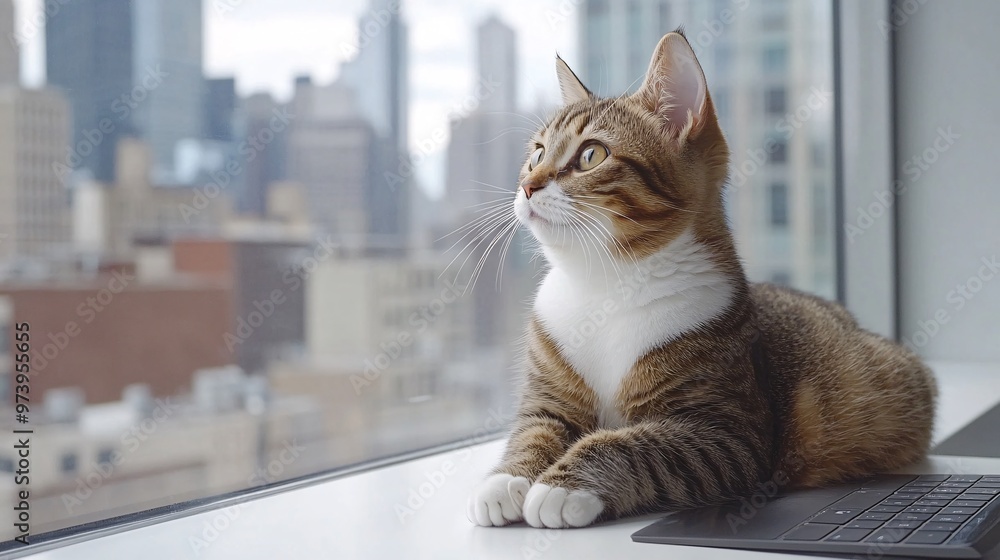 Fototapete A student attending a virtual class while sitting by a window with a cat nearby showing a relaxed and personalized learning environment that emphasizes flexibility in location Large space for text in
