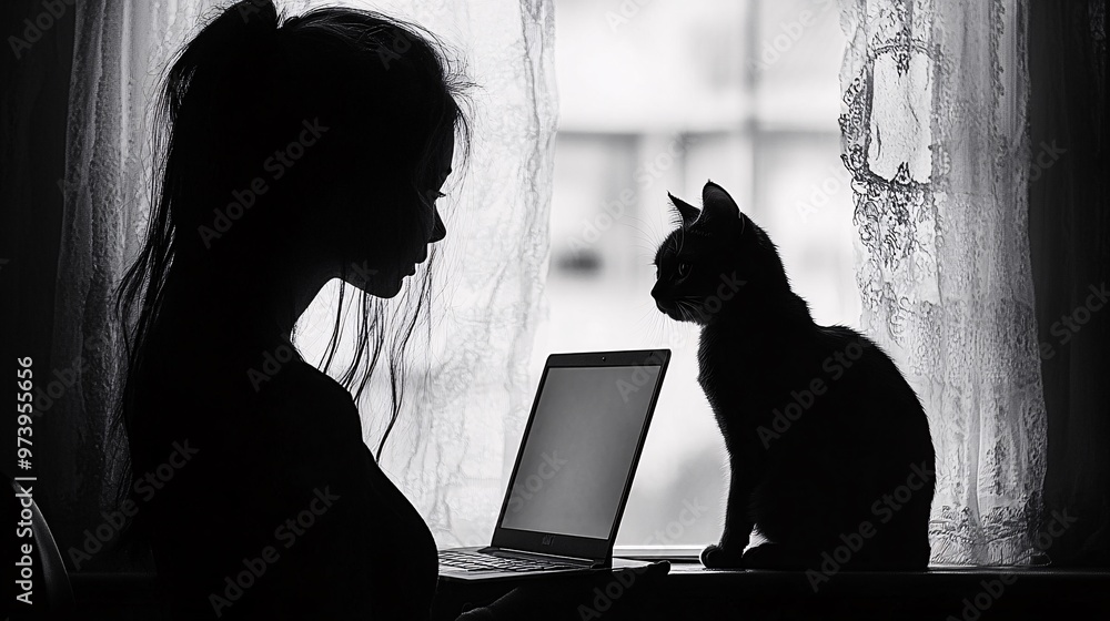 Aufkleber A student attending a virtual class while sitting by a window with a cat nearby showing a relaxed and personalized learning environment that emphasizes flexibility in location Large space for text in