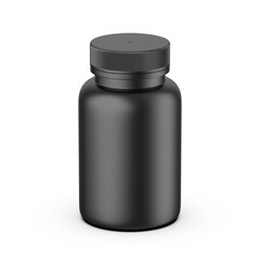 Black dietary supplement PET packaging bottle mockup on white background, 3d illustration.