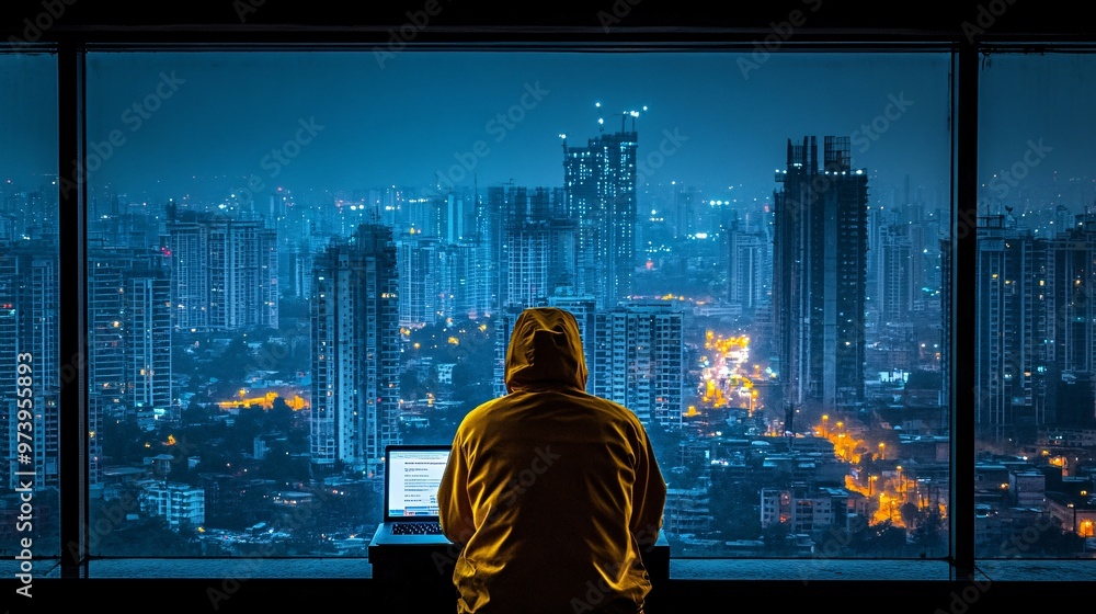 Aufkleber A student using a laptop to attend an online class while sitting on a balcony overlooking the city demonstrating the freedom to learn in various home locations and adapt to individual preferences