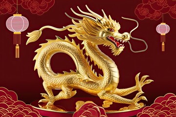 Fototapeta premium Stunning 3D Dragon Artwork Featuring Gold and Red Color Scheme for Lunar New Year 2024 Celebration