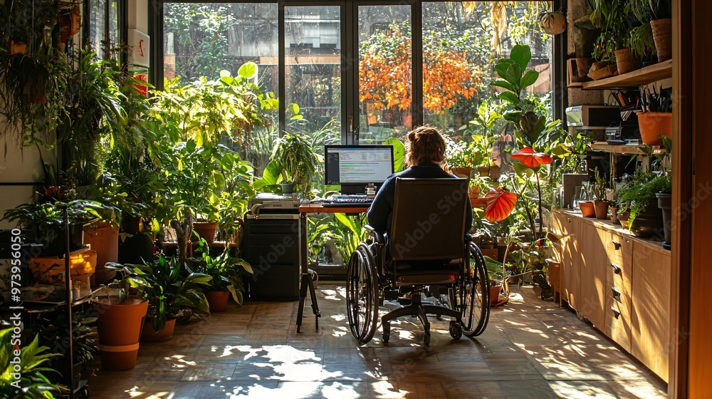 Aufkleber A student with a visual impairment using a screen reader to participate in an online class, demonstrating inclusivity and access to adaptive technology for remote learning. The setting is a well-lit