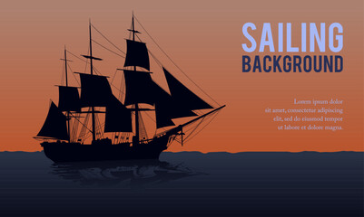 Illustration of a sailing ship silhouette on the sea horizon. Suitable for background designs of ocean voyages and adventures.