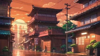 old 90s style anime background rainy town