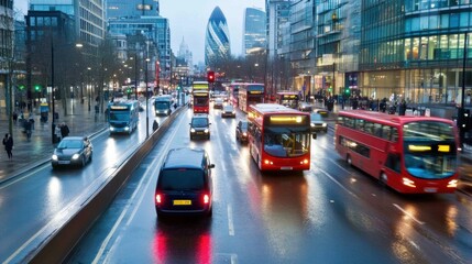 Busy night traffic on the streets of a modern financial and business district in the city