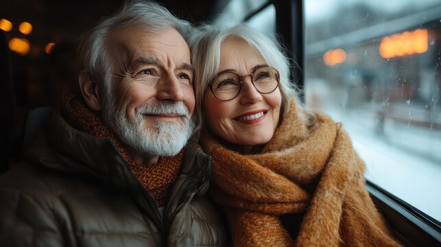 A senior couple boarding a sleek electric train, smiling as they find their seats near the window, ready for a relaxing journey. They gaze out of the window