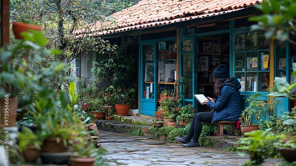 Aufkleber a student in a rural outdoor setting, sitting on a porch while attending an online lesson via a tabl