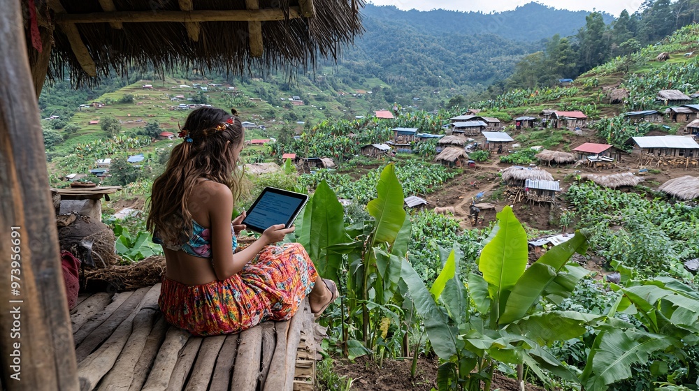 Poster a student in a rural outdoor setting, sitting on a porch while attending an online lesson via a tabl